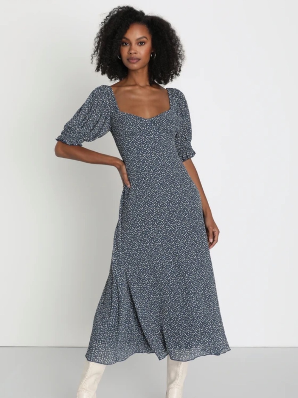 Women's Blue Floral Puff-Sleeve Midi Dress